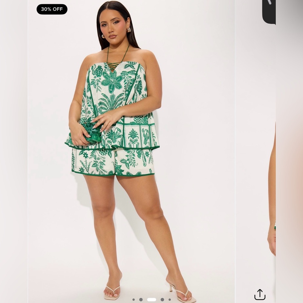 Fashion Nova Green and White Linen Halter Romper